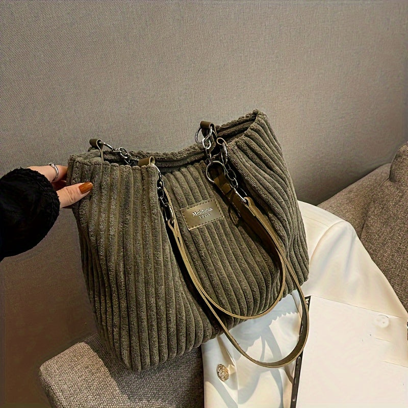 Stylish Soft Corduroy Tote Bag for Women Large Plush Shoulder Bag with Zip Large Capacity Women's Handbag