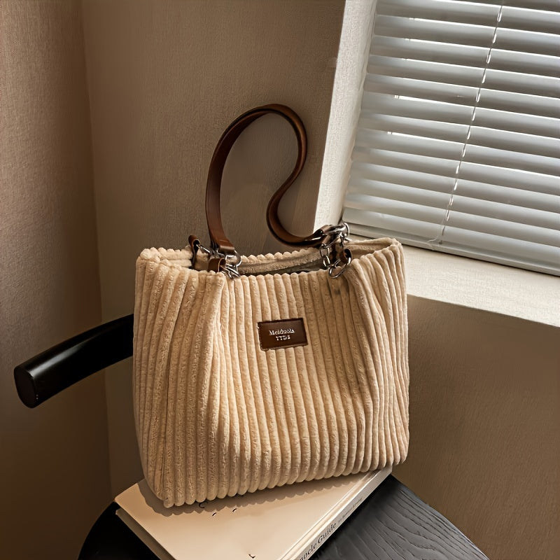 Stylish Soft Corduroy Tote Bag for Women Large Plush Shoulder Bag with Zip Large Capacity Women's Handbag