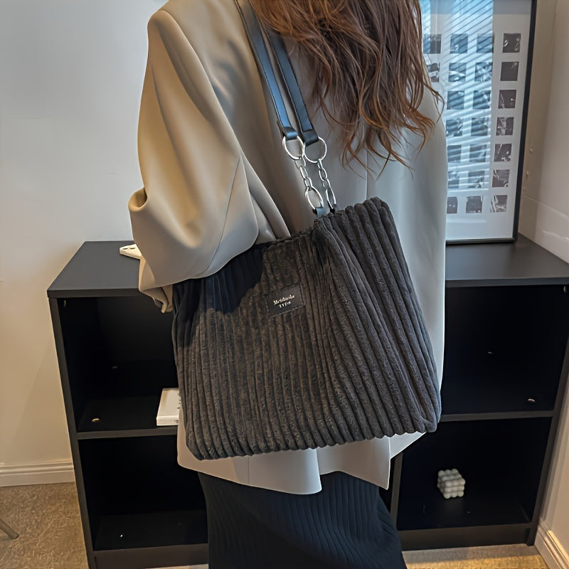 Stylish Soft Corduroy Tote Bag for Women Large Plush Shoulder Bag with Zip Large Capacity Women's Handbag