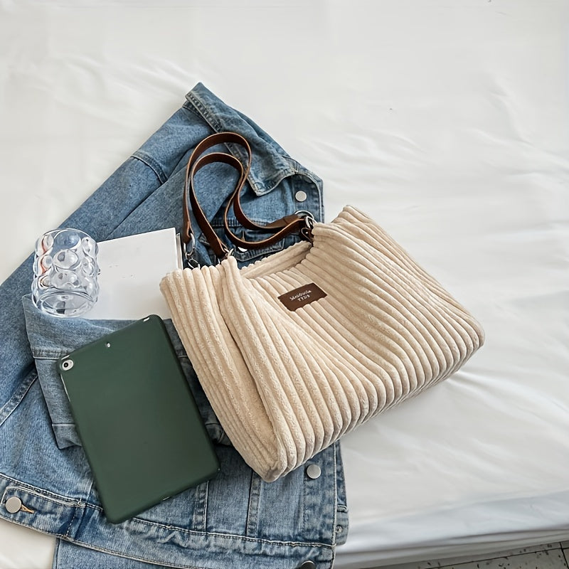 Stylish Soft Corduroy Tote Bag for Women Large Plush Shoulder Bag with Zip Large Capacity Women's Handbag