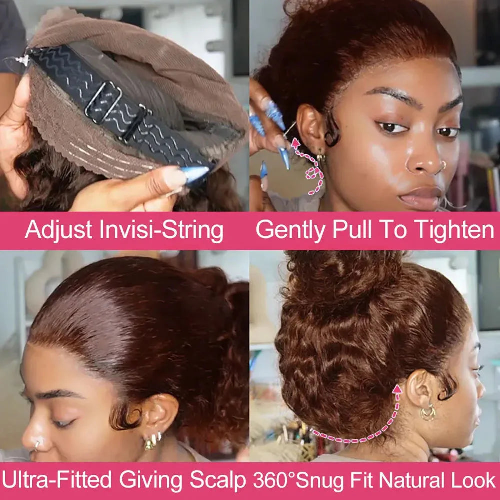 Invisi Strap 360 Full HD Lace Wig 250 Density Curly Glueless Human Hair Wig Chocolate Brown Lace Front Wig Deep Wave Frontal Wig