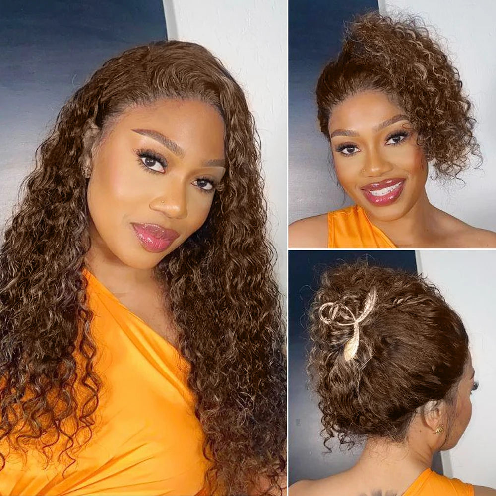 Invisi Strap 360 Full HD Lace Wig 250 Density Curly Glueless Human Hair Wig Chocolate Brown Lace Front Wig Deep Wave Frontal Wig