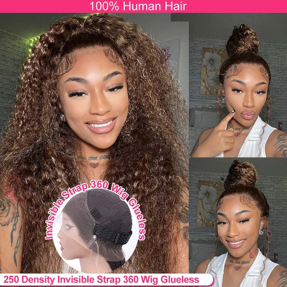 Invisi Strap 360 Full HD Lace Wig 250 Density Curly Glueless Human Hair Wig Chocolate Brown Lace Front Wig Deep Wave Frontal Wig