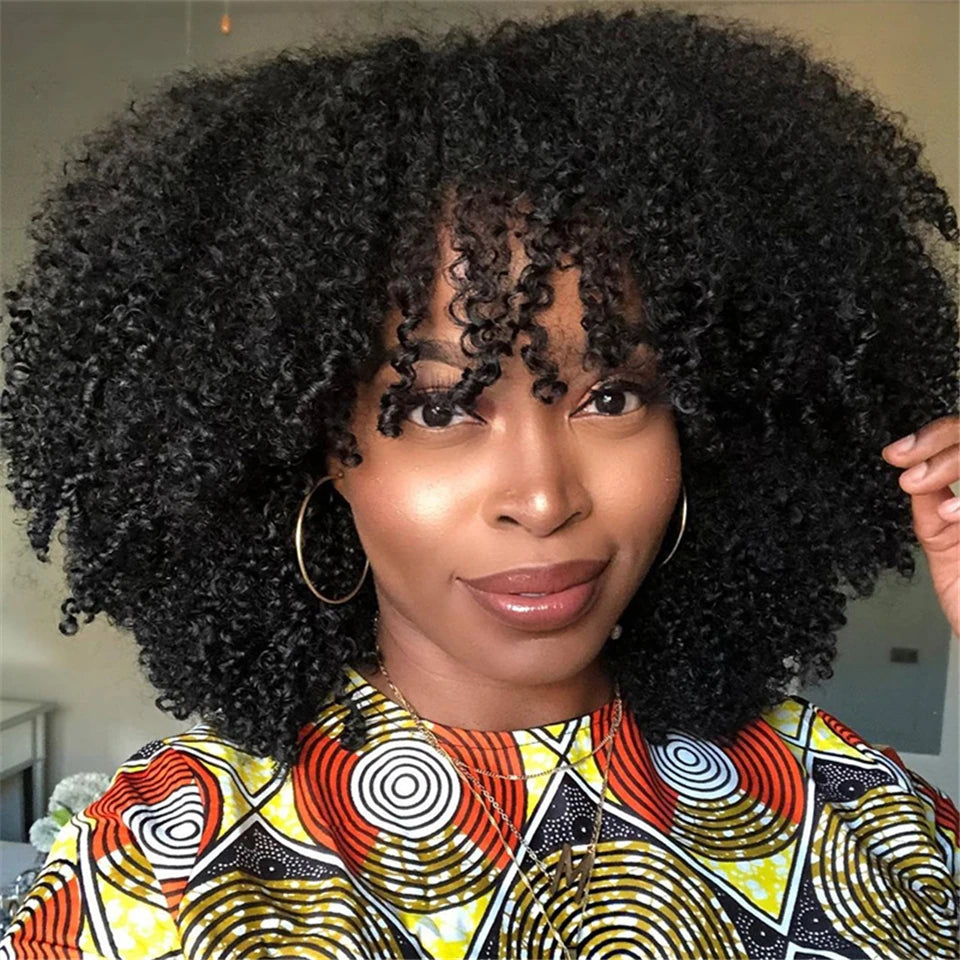 Mongolian Afro Kinky Curly Human Hair Wigs with Bangs Wear to go Glueless Wig Remy Brazilian Short Curly Bangs Wig Human Hair