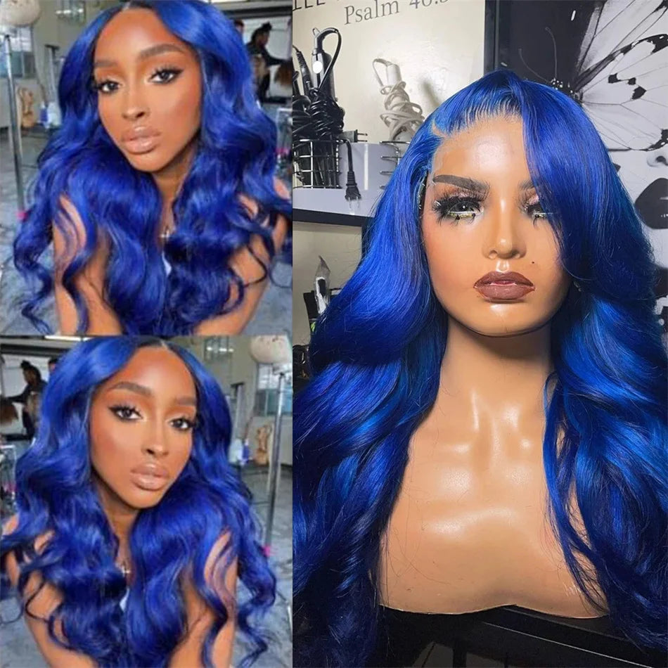 Dark Blue 13x4 HD Lace Front Human Hair Wigs For Women Pre Plucked Blue Body Wave Transparent Lace Frontal Wigs 100% Human Hair