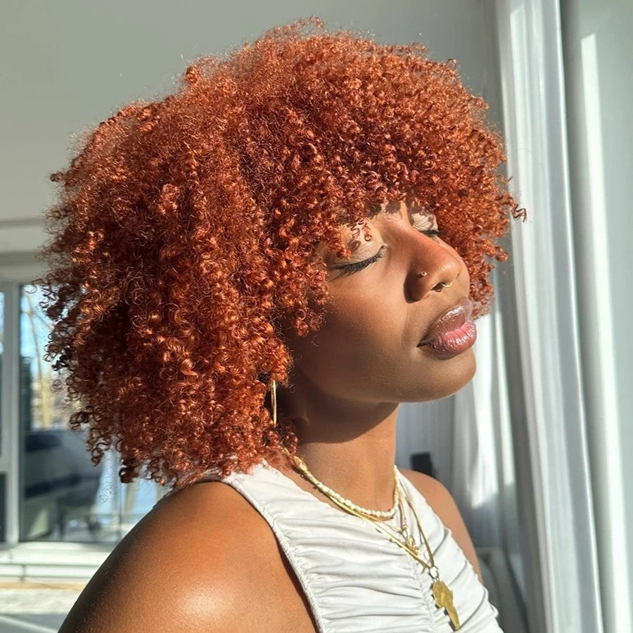 Orange Ginger Short Kinky Curly Wig with Bang Afro Curly Wig Human Hair No Lace Wigs With Bangs Honey Blonde Wig for Women
