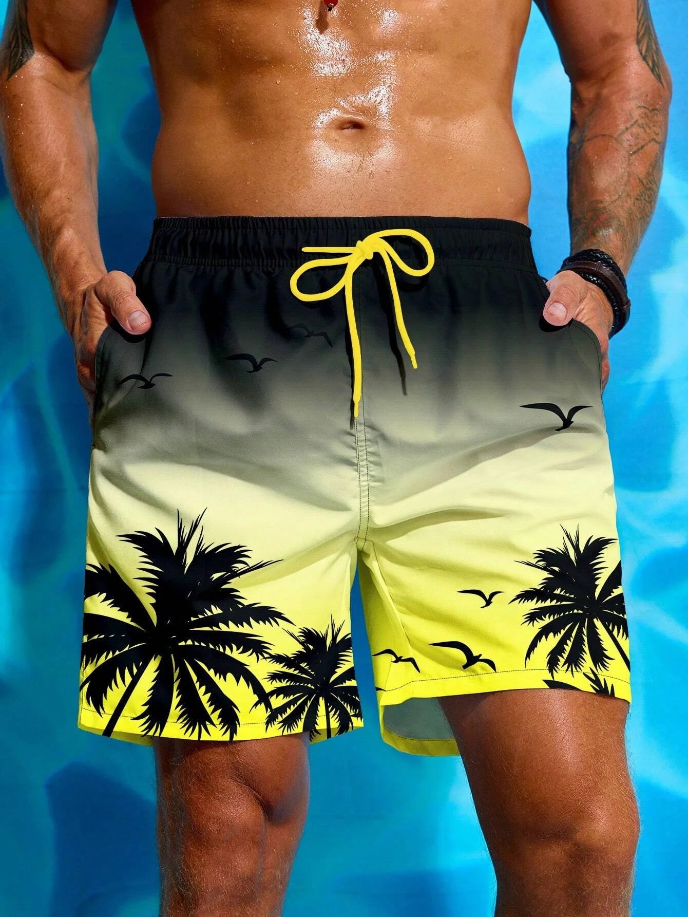 Vacation Men's Palm Tree Print Drawstring Waist Board Shorts Summer Fashion Swim Trunks 3D Print Breathable Short Streetwear