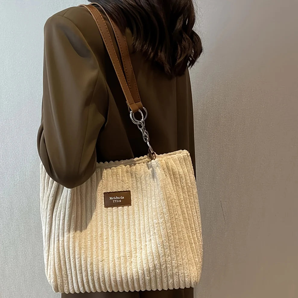 Stylish Soft Corduroy Tote Bag for Women Large Plush Shoulder Bag with Zip Large Capacity Women's Handbag