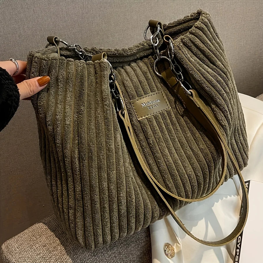 Stylish Soft Corduroy Tote Bag for Women Large Plush Shoulder Bag with Zip Large Capacity Women's Handbag