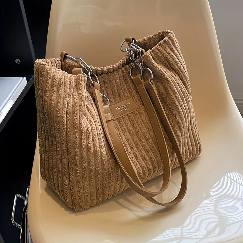 Stylish Soft Corduroy Tote Bag for Women Large Plush Shoulder Bag with Zip Large Capacity Women's Handbag
