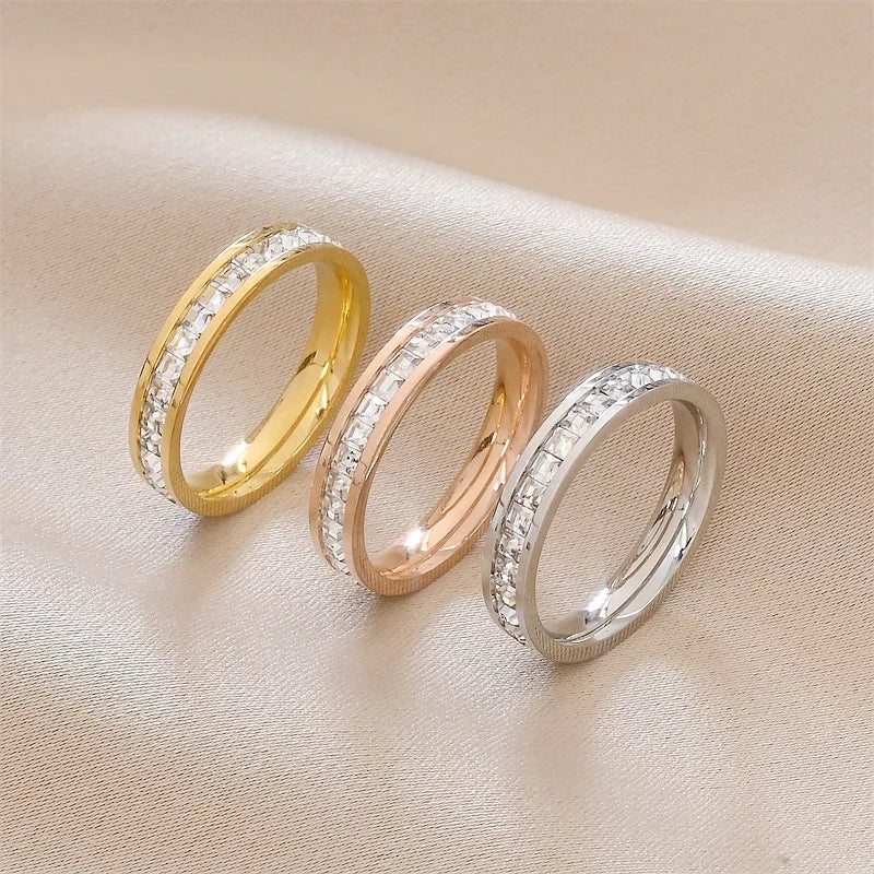 JHSL Unisex 4mm Luxury Stainless Steel Men Women Statement Cubic Zircon Rings Gold Silver Color US size 3 4 5 6 7 8 9 10 11 12