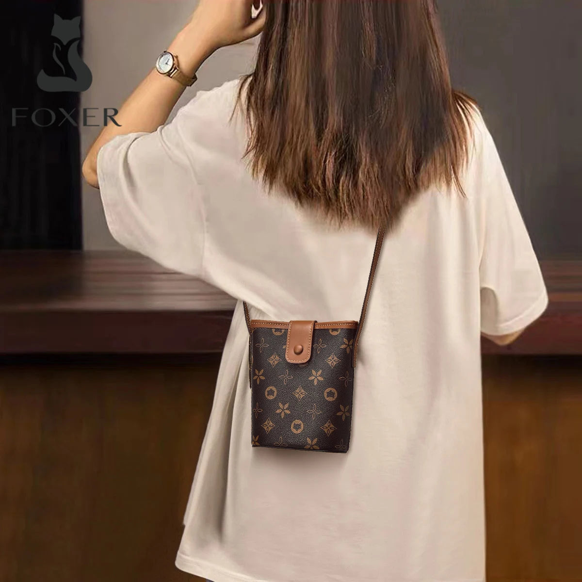 FOXER Women Mini Cellphone Bag Female Small Shoulder Bucket Bag Travel Crossbody Purse