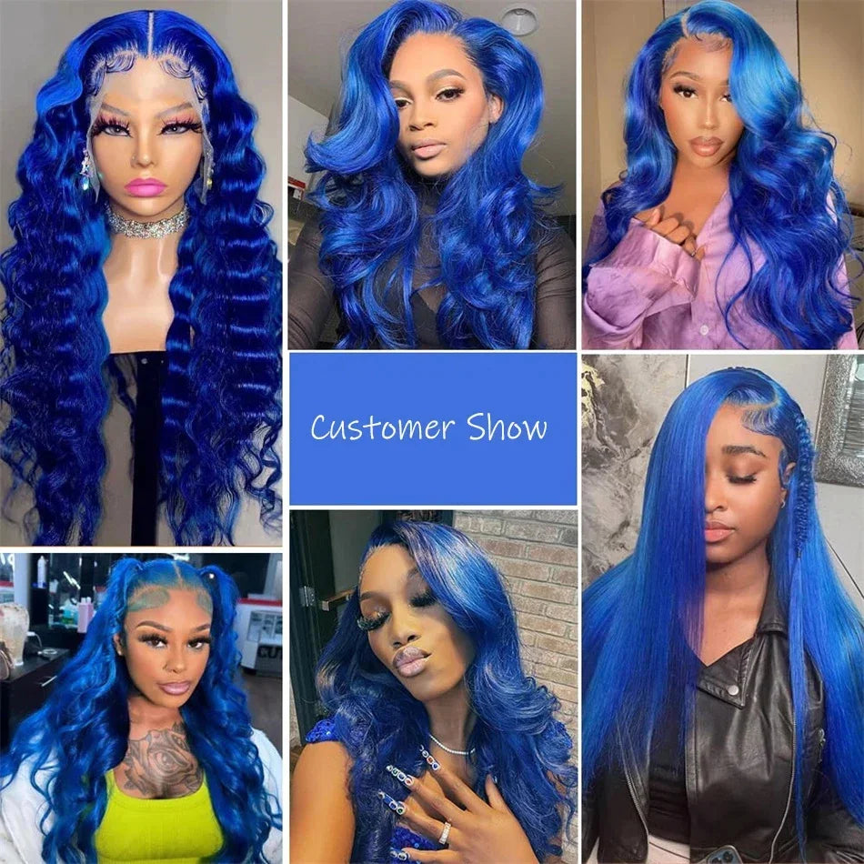 Dark Blue 13x4 HD Lace Front Human Hair Wigs For Women Pre Plucked Blue Body Wave Transparent Lace Frontal Wigs 100% Human Hair