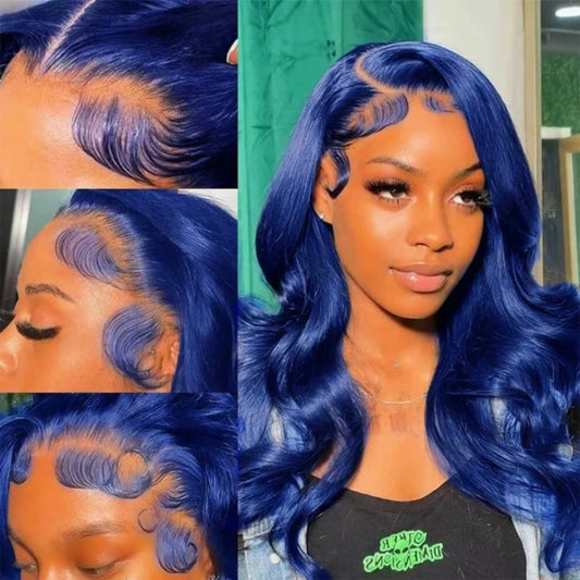 13x4 Navy Blue Body Wave Lace Frontal Wigs Brazilian Hair Wigs Blue Colored HD Transparent Lace Front Wigs For Women Pre Plucked