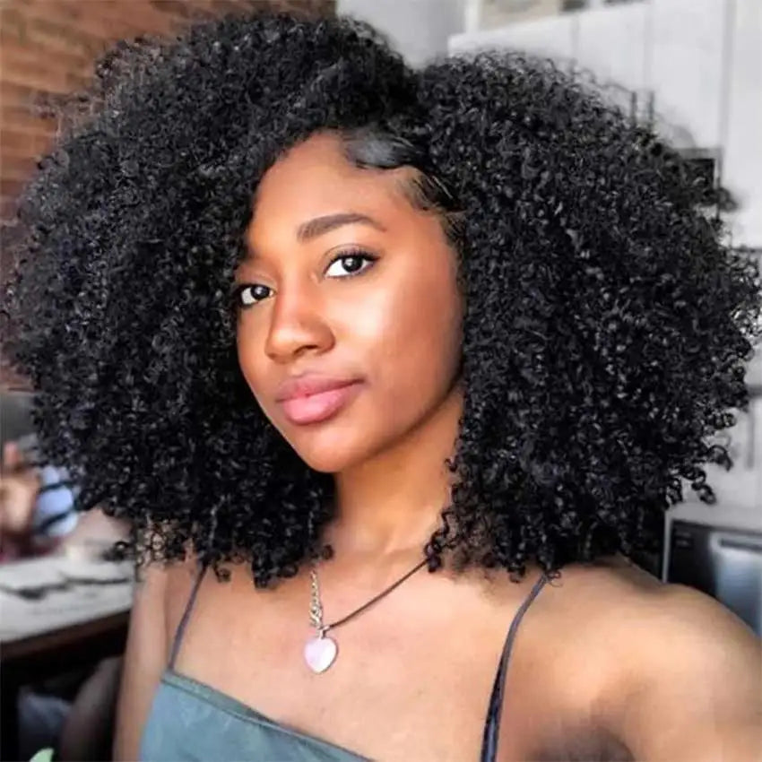 Mongolian Afro Kinky Curly Human Hair Wigs with Bangs Wear to go Glueless Wig Remy Brazilian Short Curly Bangs Wig Human Hair