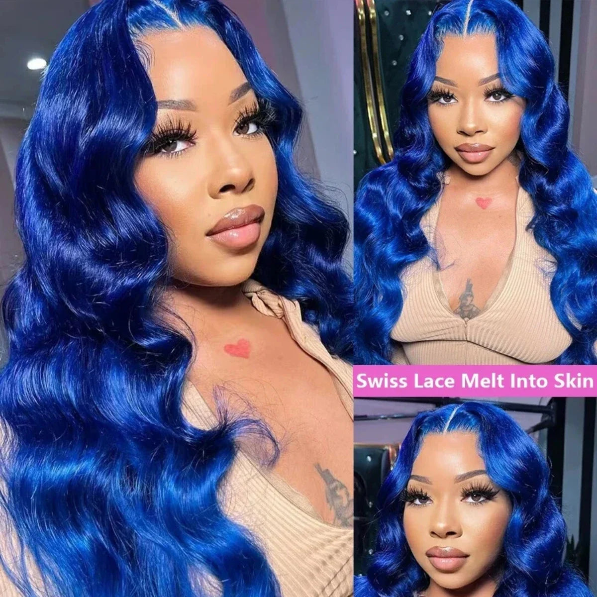 13x4 Navy Blue Body Wave Lace Frontal Wigs Brazilian Hair Wigs Blue Colored HD Transparent Lace Front Wigs For Women Pre Plucked