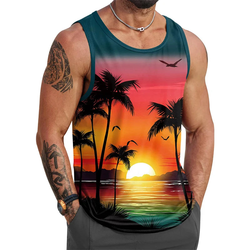 Tropical Palm Tree Pattern Tank Top Men 3d Printing Sleeveless T Shirt Summer Street Hawaiian Beach Workout Fitness Tee Shirts