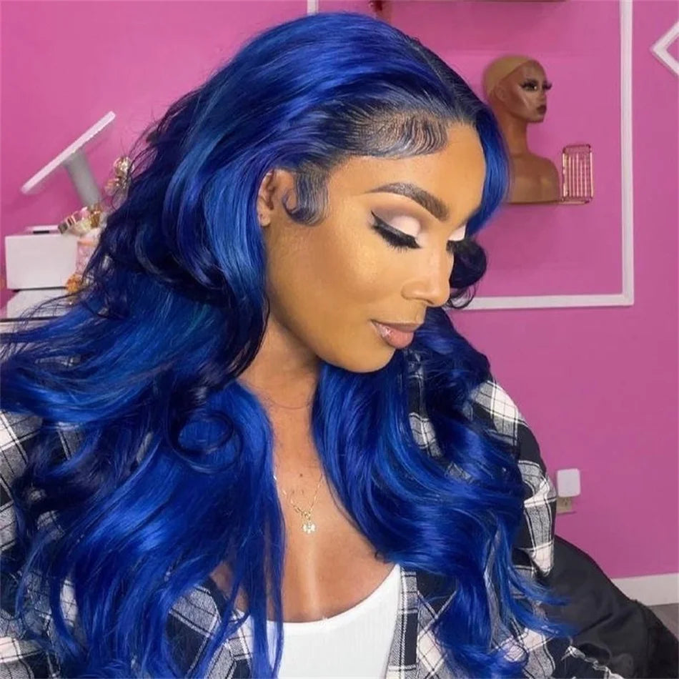 Dark Blue 13x4 HD Lace Front Human Hair Wigs For Women Pre Plucked Blue Body Wave Transparent Lace Frontal Wigs 100% Human Hair