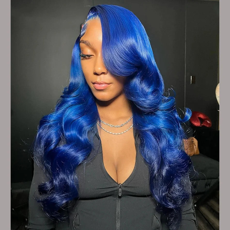 Dark Blue 13x4 HD Lace Front Human Hair Wigs For Women Pre Plucked Blue Body Wave Transparent Lace Frontal Wigs 100% Human Hair