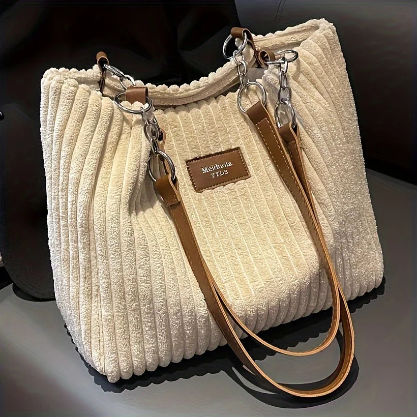 Stylish Soft Corduroy Tote Bag for Women Large Plush Shoulder Bag with Zip Large Capacity Women's Handbag