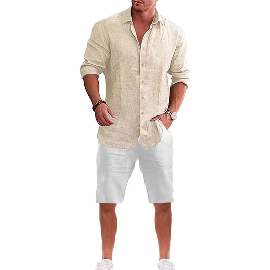 Men's Long Sleeve Shirt Suit Casual Simple Style Lapel Collar Lightweight Breathable Outfit Male Fashion Sets Spring Summer