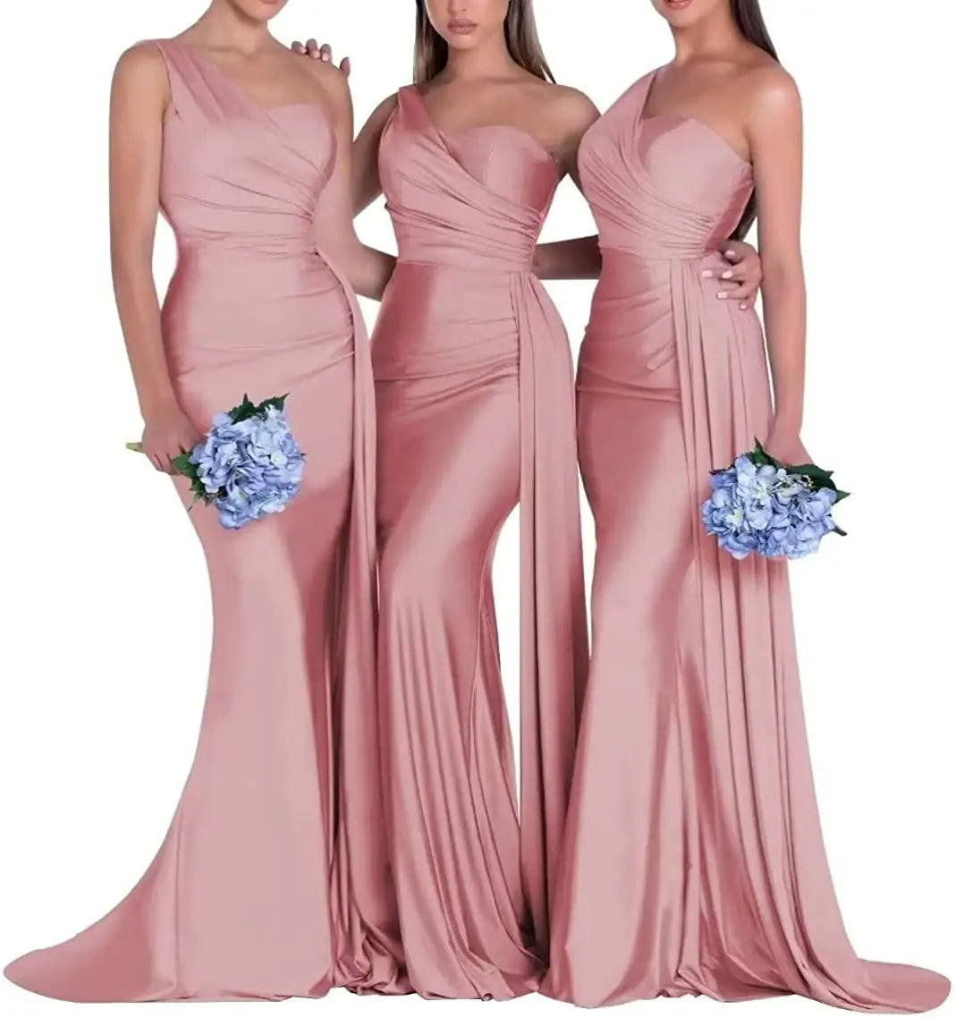 Women's One Shoulder Mermaid Satin Bridesmaid Dresses with Slit 2025 Elegant Pleated Long Formal Evening Party Gowns Customized