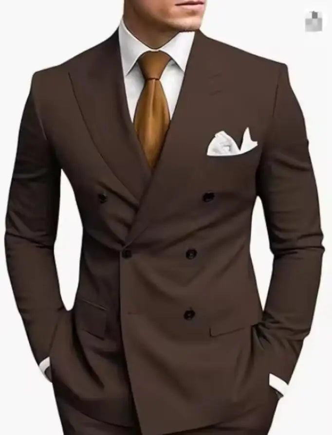 High Quality Brown Men Suits 2024 Double Breasted Bespoke Wedding Suit Peaked Lapel Formal Blazer Slim Fit 2 Piece Jacket Pants