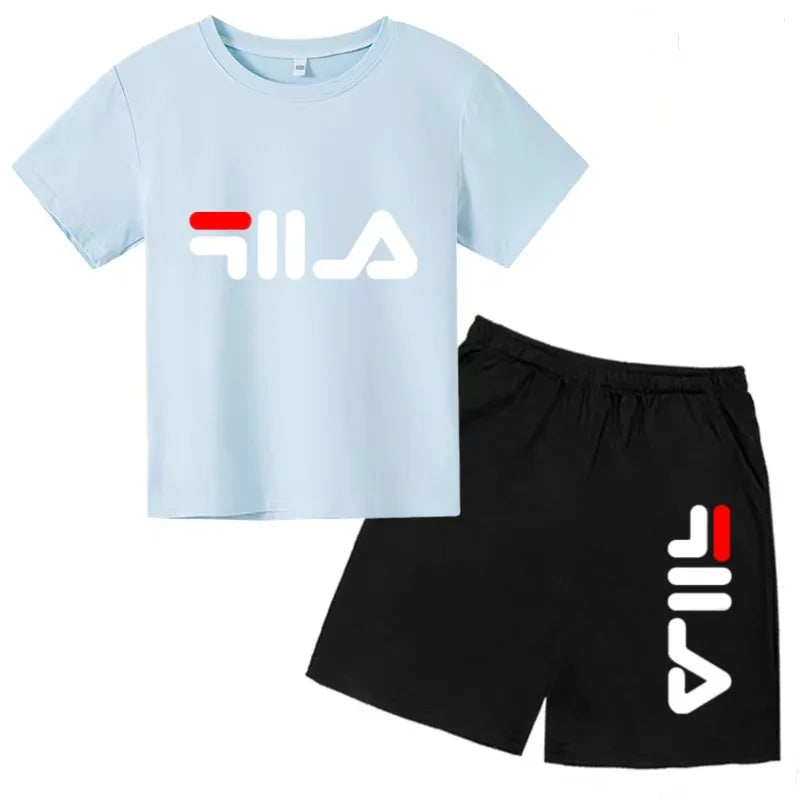Kids Gift Sports Short-Sleeved Round Neck Black Letters Fashion White T-shirt+Shorts Summer Boy Girl Casual Outdoor Jogging Suit
