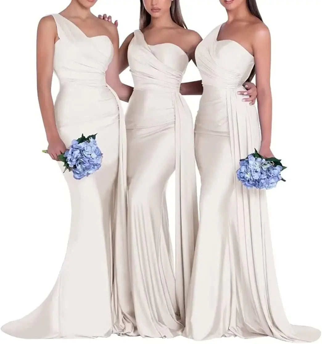 Women's One Shoulder Mermaid Satin Bridesmaid Dresses with Slit 2025 Elegant Pleated Long Formal Evening Party Gowns Customized