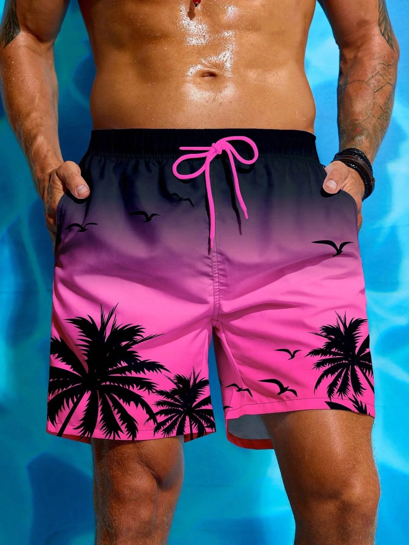 Vacation Men's Palm Tree Print Drawstring Waist Board Shorts Summer  Fashion Swim Trunks 3D Print Breathable Short Streetwear