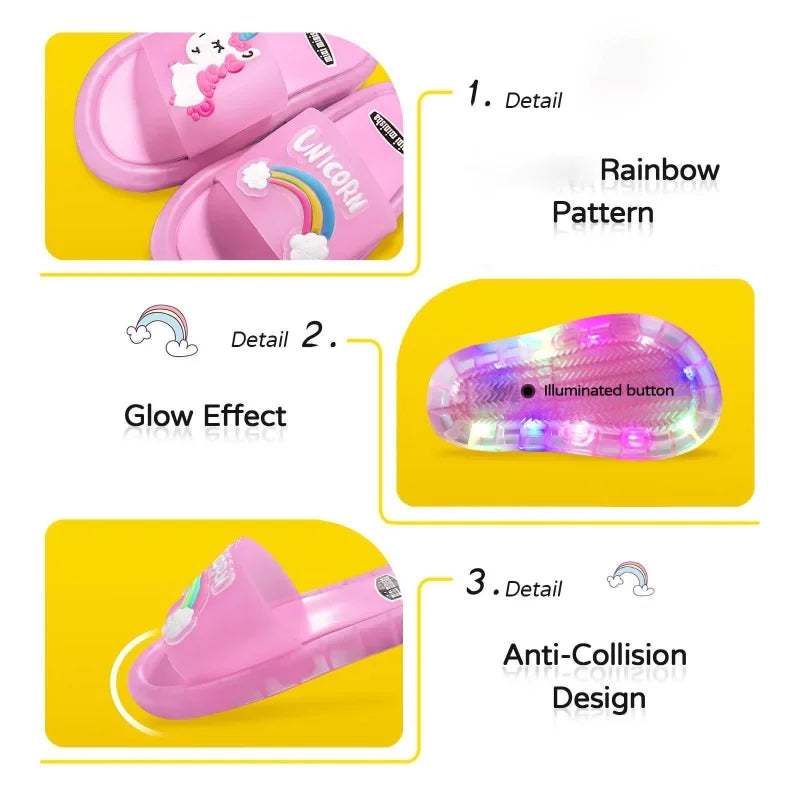 Lighted Cute Unisex Children Slippers Cartoon Unicorn Animals Prints Fashion Shoes Bathroom Kids Boys Girls Toddler Slippers