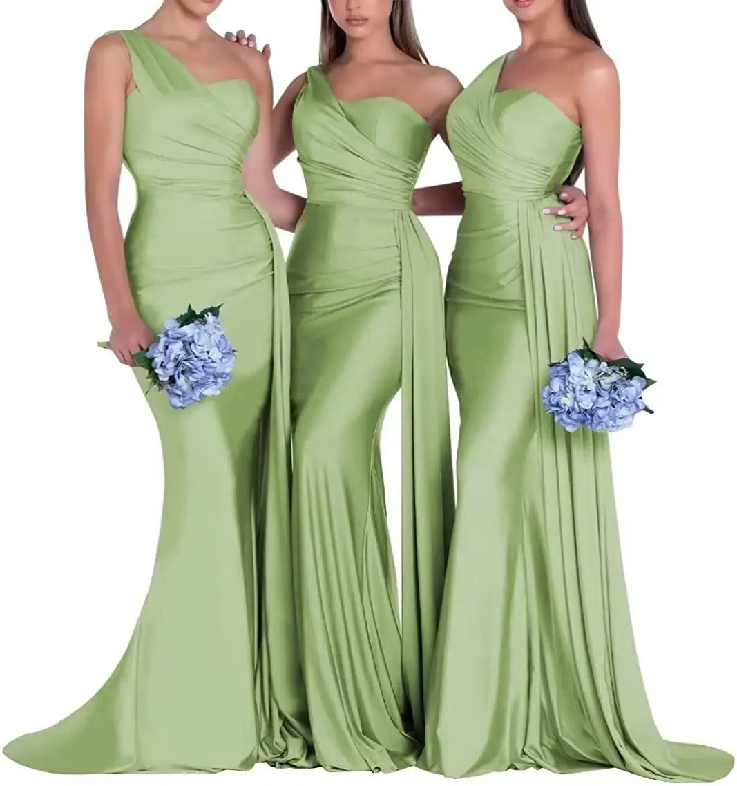 Women's One Shoulder Mermaid Satin Bridesmaid Dresses with Slit 2025 Elegant Pleated Long Formal Evening Party Gowns Customized
