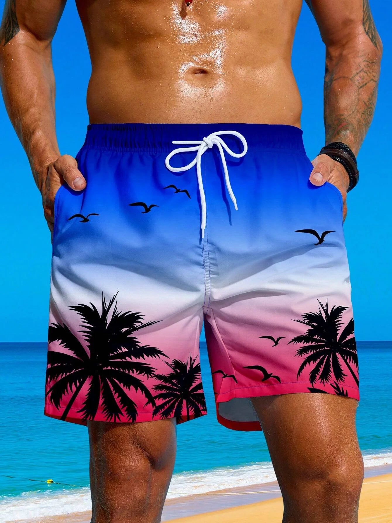 Vacation Men's Palm Tree Print Drawstring Waist Board Shorts Summer  Fashion Swim Trunks 3D Print Breathable Short Streetwear