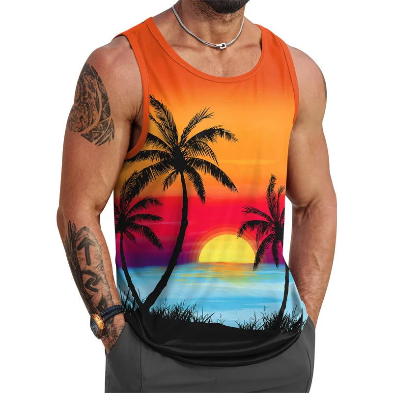 Tropical Palm Tree Pattern Tank Top Men 3d Printing Sleeveless T Shirt Summer Street Hawaiian Beach Workout Fitness Tee Shirts