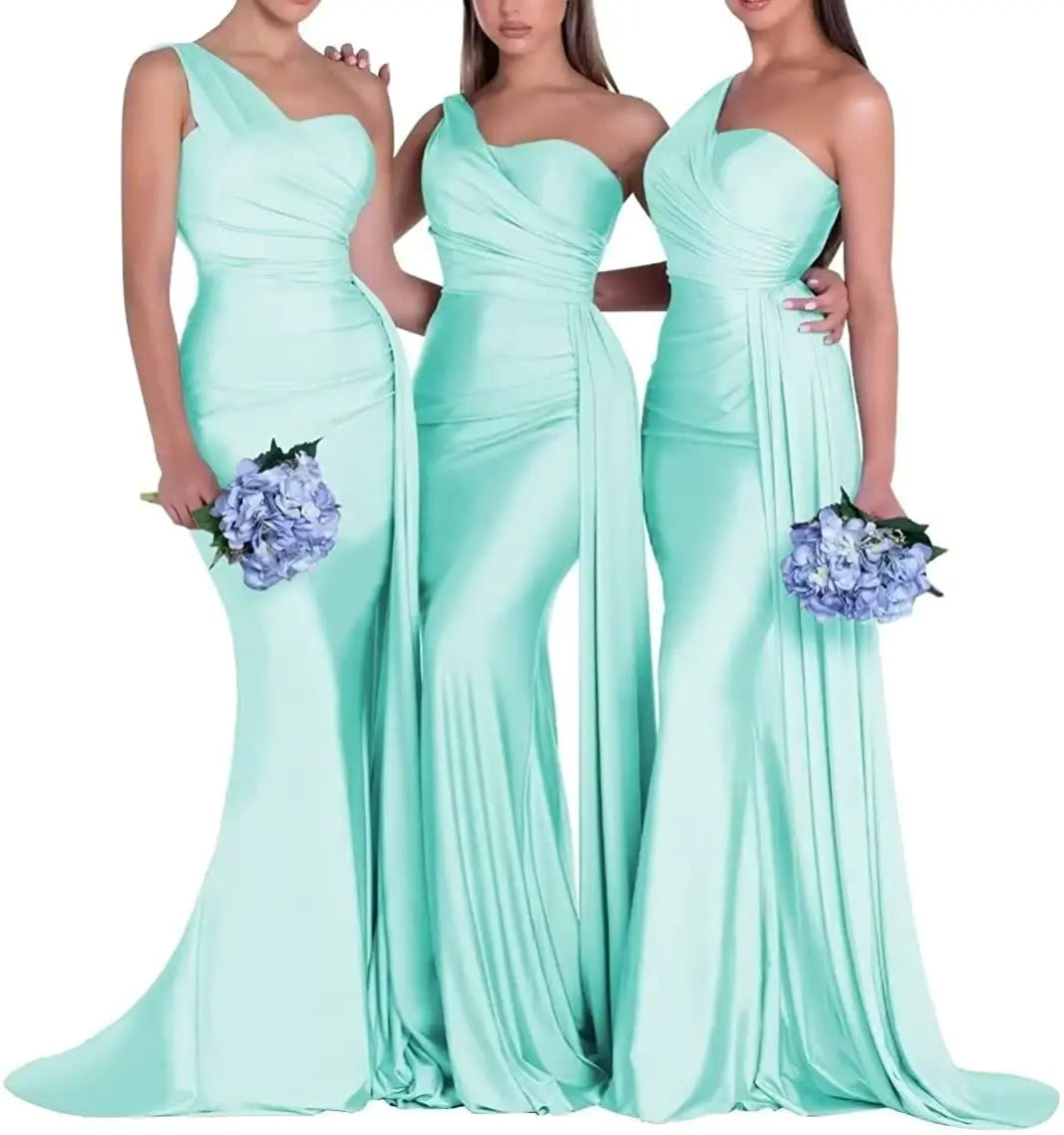 Women's One Shoulder Mermaid Satin Bridesmaid Dresses with Slit 2025 Elegant Pleated Long Formal Evening Party Gowns Customized