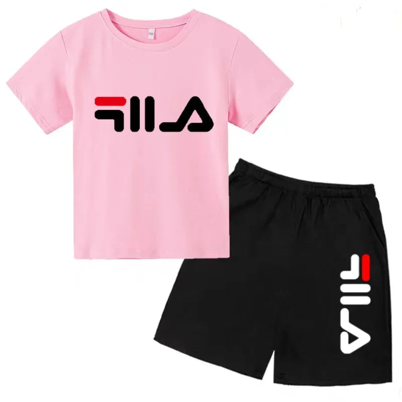 Kids Gift Sports Short-Sleeved Round Neck Black Letters Fashion White T-shirt+Shorts Summer Boy Girl Casual Outdoor Jogging Suit