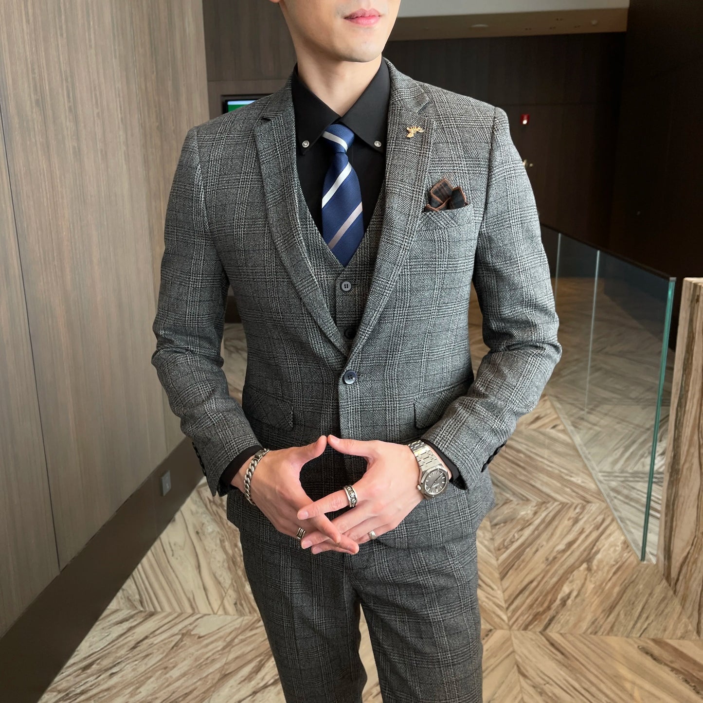 British Korean Style High Quality Modified Plaid Three-Piece Suit for Men - Stylish Business Casual Suit Vest And Trousers Set