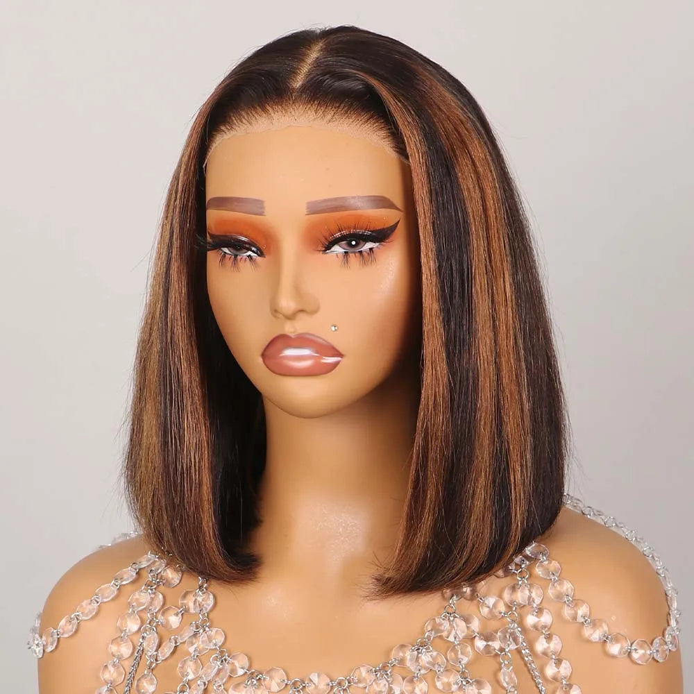 Highlight 6x5 Glueless Wig Wear and Go Human Hair Short Bob Wig 13x4 Transparent Lace Frontal Wigs Pre Cut Lace Bleached Knots