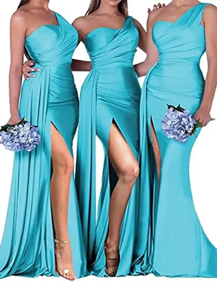 Women's One Shoulder Mermaid Satin Bridesmaid Dresses with Slit 2025 Elegant Pleated Long Formal Evening Party Gowns Customized