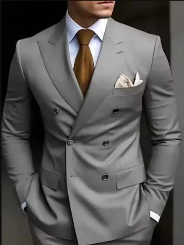 High Quality Brown Men Suits 2024 Double Breasted Bespoke Wedding Suit Peaked Lapel Formal Blazer Slim Fit 2 Piece Jacket Pants