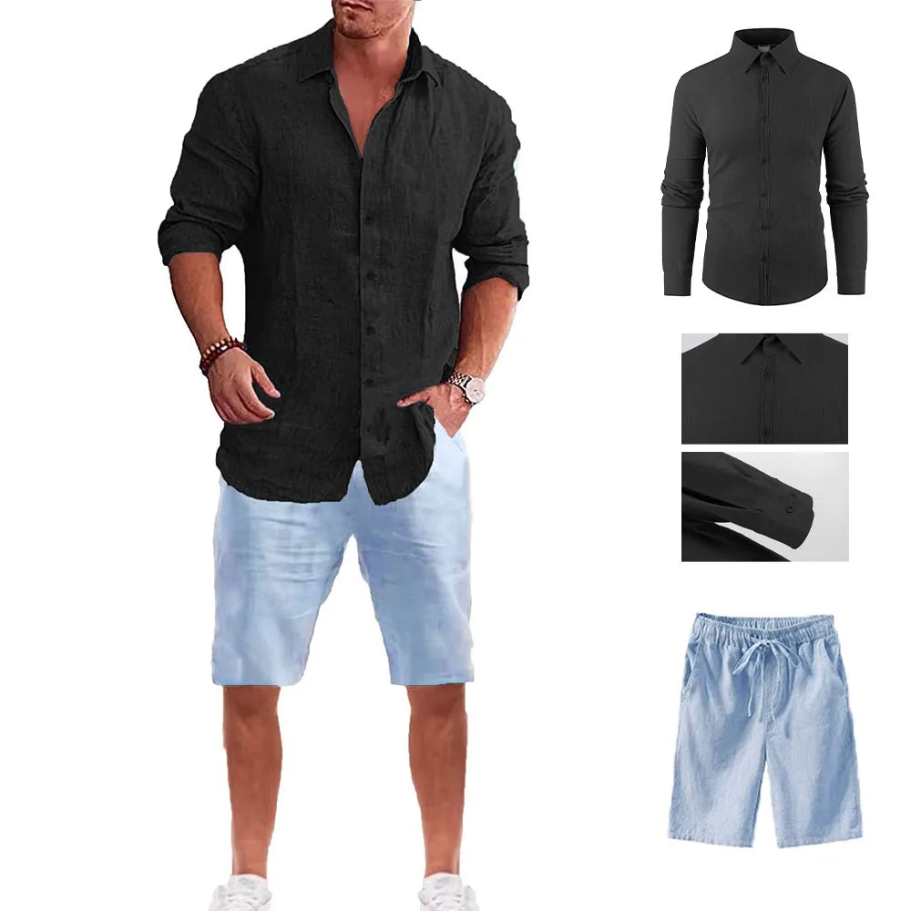 Men's Long Sleeve Shirt Suit Casual Simple Style Lapel Collar Lightweight Breathable Outfit Male Fashion Sets Spring Summer