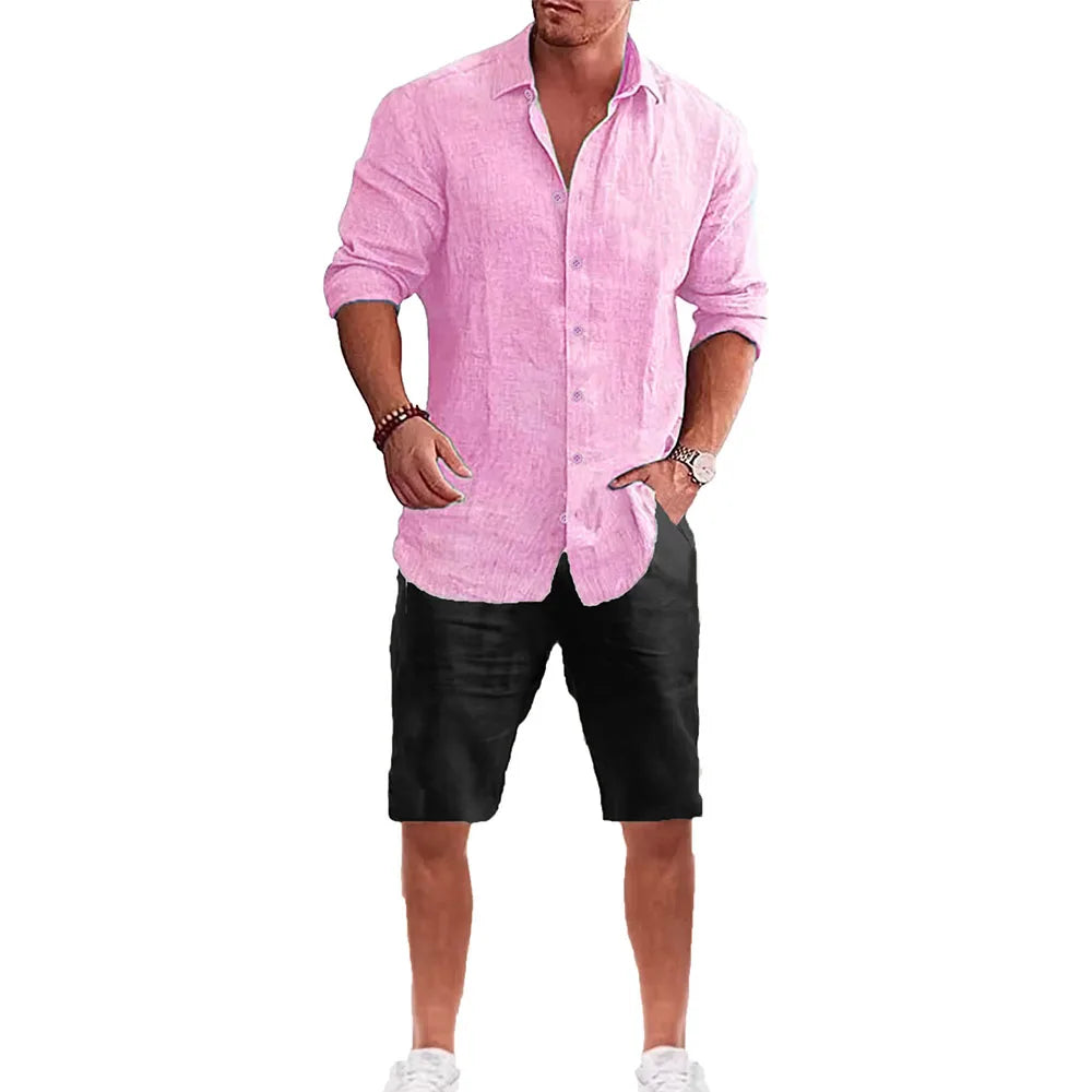 Men's Long Sleeve Shirt Suit Casual Simple Style Lapel Collar Lightweight Breathable Outfit Male Fashion Sets Spring Summer