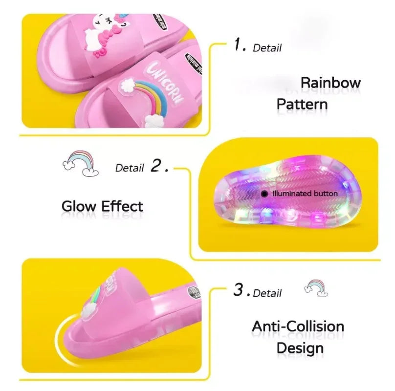 Lighted Cute Unisex Children Slippers Cartoon Unicorn Animals Prints Fashion Shoes Bathroom Kids Boys Girls Toddler Slippers