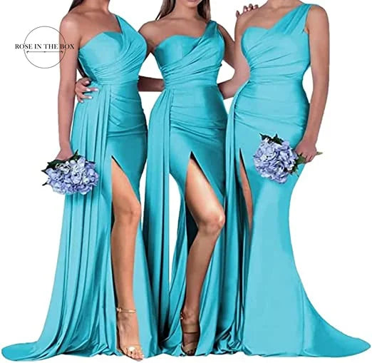 Women's One Shoulder Mermaid Satin Bridesmaid Dresses with Slit 2025 Elegant Pleated Long Formal Evening Party Gowns Customized