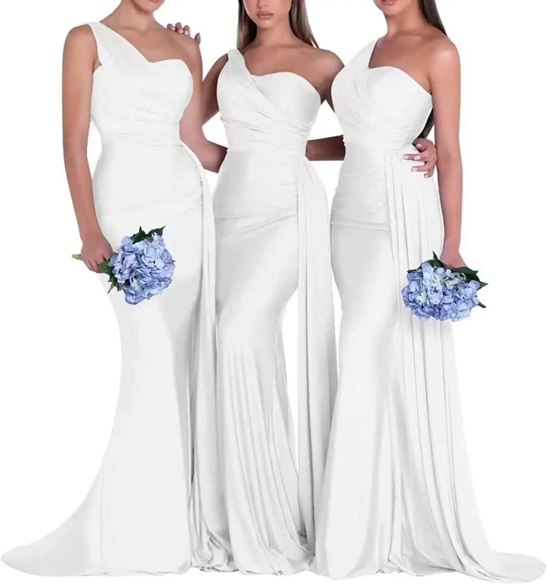 Women's One Shoulder Mermaid Satin Bridesmaid Dresses with Slit 2025 Elegant Pleated Long Formal Evening Party Gowns Customized