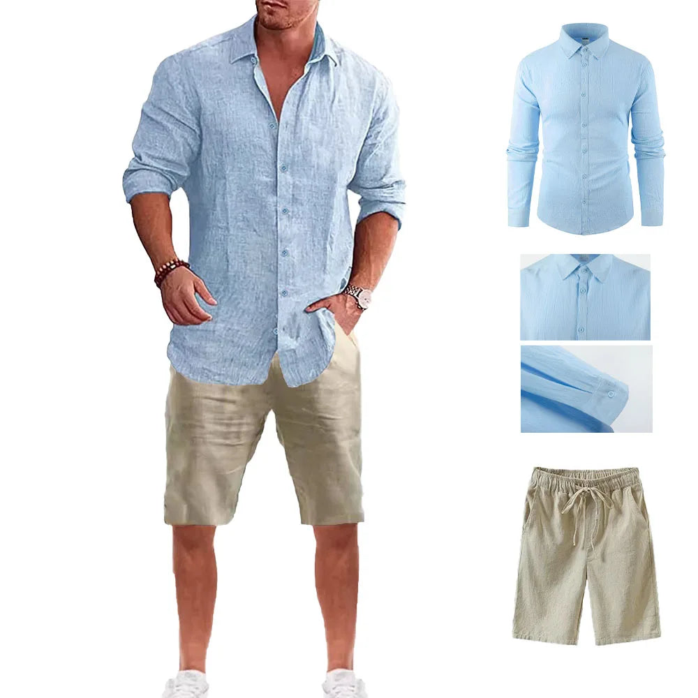 Men's Long Sleeve Shirt Suit Casual Simple Style Lapel Collar Lightweight Breathable Outfit Male Fashion Sets Spring Summer