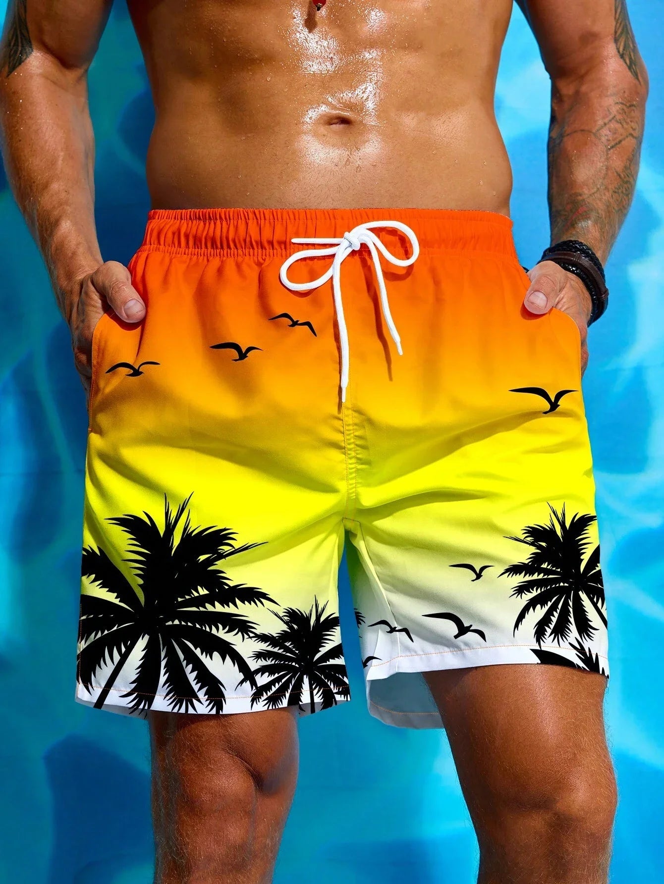 Vacation Men's Palm Tree Print Drawstring Waist Board Shorts Summer  Fashion Swim Trunks 3D Print Breathable Short Streetwear