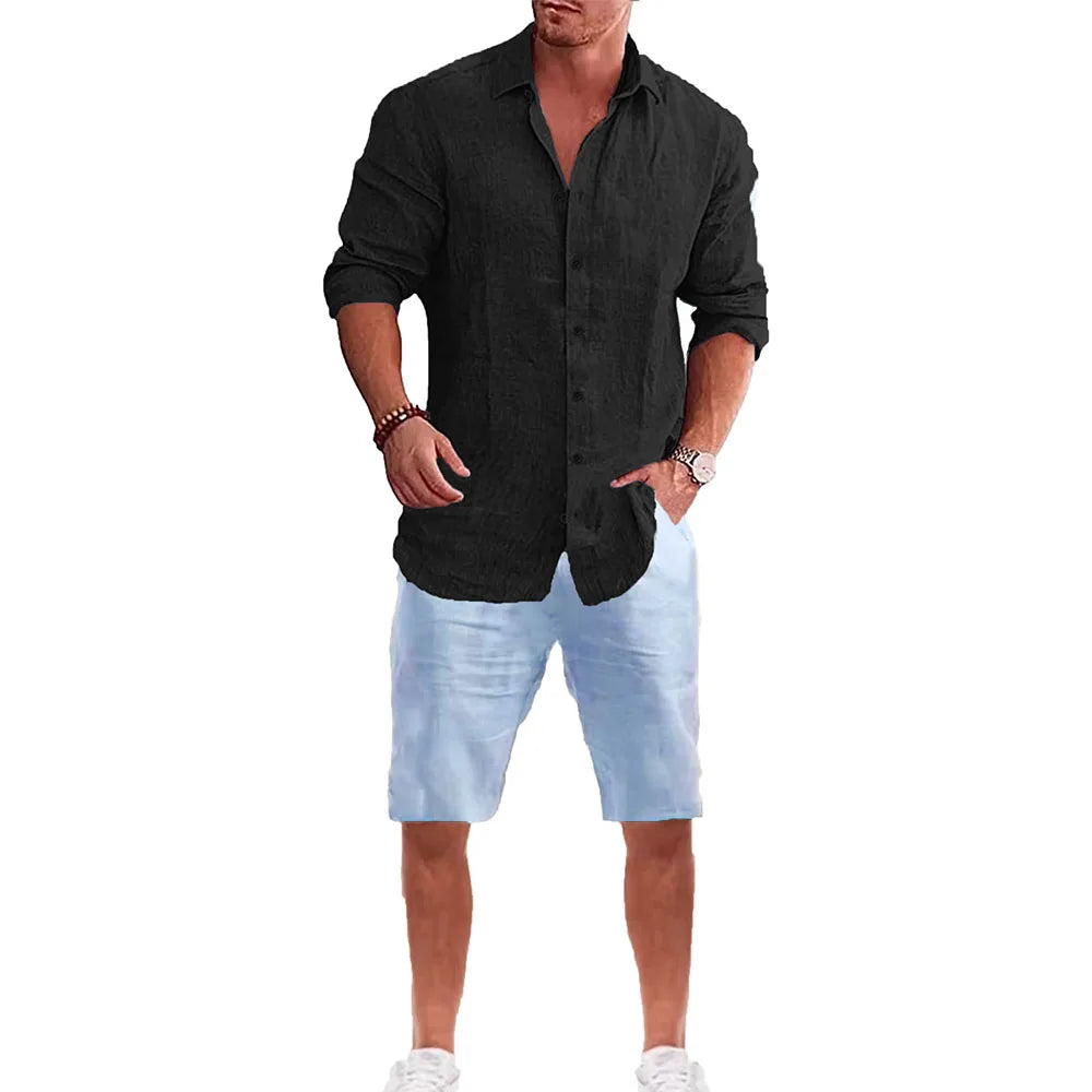 Men's Long Sleeve Shirt Suit Casual Simple Style Lapel Collar Lightweight Breathable Outfit Male Fashion Sets Spring Summer