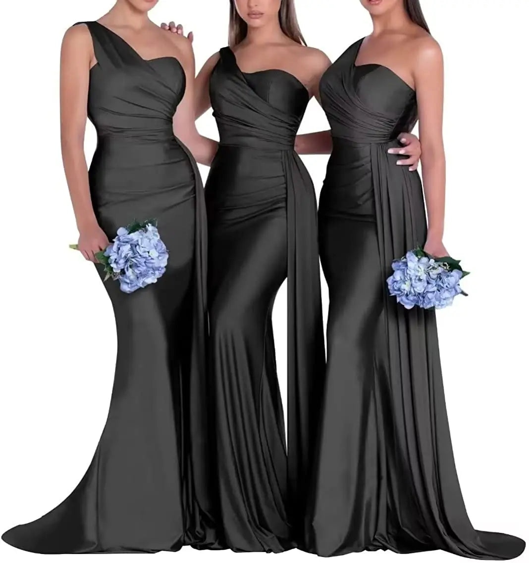 Women's One Shoulder Mermaid Satin Bridesmaid Dresses with Slit 2025 Elegant Pleated Long Formal Evening Party Gowns Customized