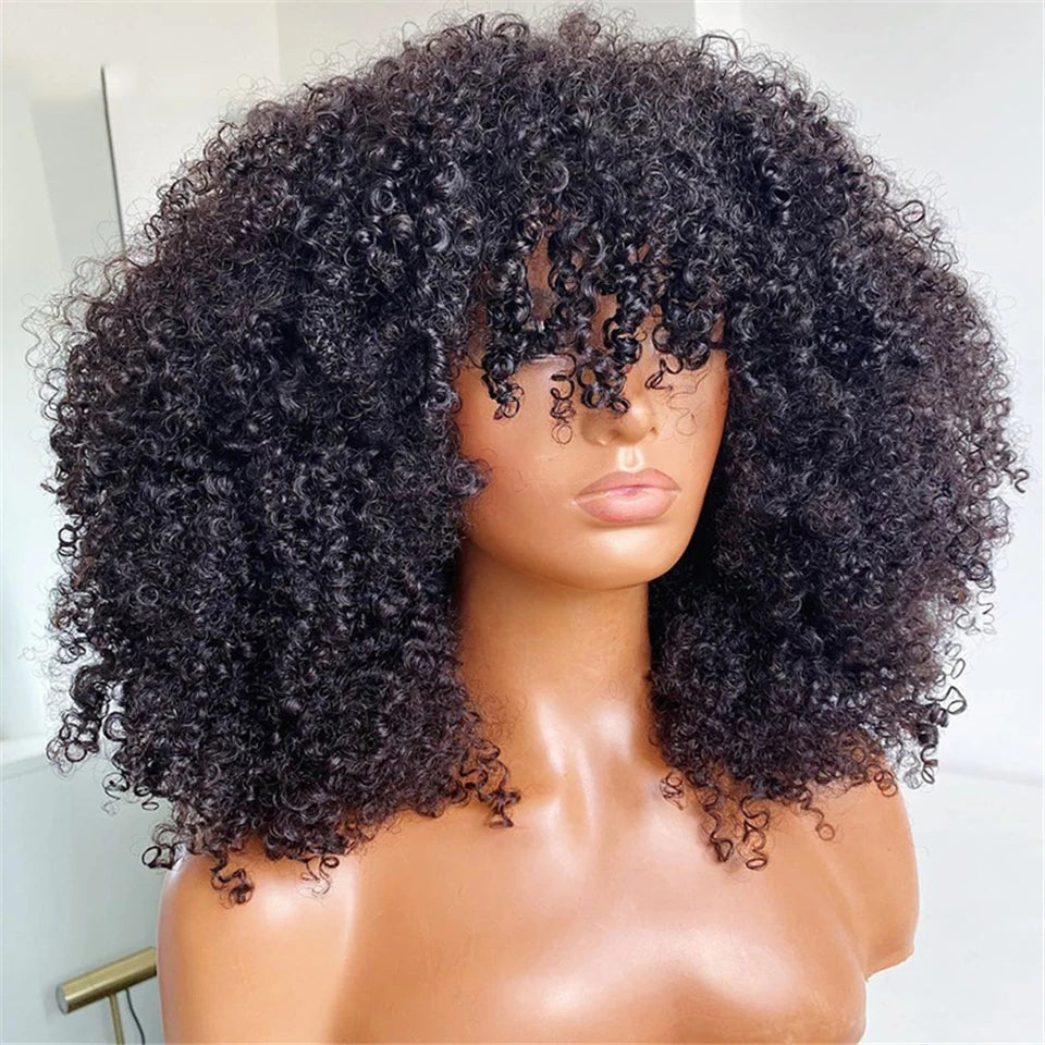 Orange Ginger Short Kinky Curly Wig with Bang Afro Curly Wig Human Hair No Lace Wigs With Bangs Honey Blonde Wig for Women